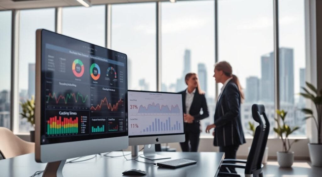 A sleek, modern office space filled with a sense of innovation and speed. In the foreground, a stylish computer setup displays graphs and colorful dashboards representing website performance metrics like loading times and caching statistics. In the middle ground, a professional, diverse team of two people, one male and one female, both in smart business attire, are engaged in conversation while analyzing the data on the screen. The background features large windows with a view of a futuristic city skyline, suggesting progress and technology. Soft, natural lighting filters in, highlighting the vibrant colors of the data on the screen while creating a focused yet inviting atmosphere that inspires motivation and productivity. A sleek, modern office space filled with a sense of innovation and speed. In the foreground, a stylish computer setup displays graphs and colorful dashboards representing website performance metrics like loading times and caching statistics. In the middle ground, a professional, diverse team of two people, one male and one female, both in smart business attire, are engaged in conversation while analyzing the data on the screen. The background features large windows with a view of a futuristic city skyline, suggesting progress and technology. Soft, natural lighting filters in, highlighting the vibrant colors of the data on the screen while creating a focused yet inviting atmosphere that inspires motivation and productivity.