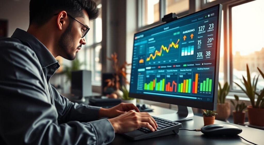 A sleek, modern workspace featuring a high-tech computer setup displaying vibrant YouTube analytics on a large screen. In the foreground, a focused individual in professional attire is analyzing data trends, their hands poised over a sleek keyboard. The middle ground highlights colorful graphs and statistics related to viewer engagement and demographics, showcasing the power of data in YouTube management. The background contains soft lighting from large windows, casting a natural glow over the room filled with plants and tech gadgets, creating an inspiring atmosphere. The overall mood is one of productivity and innovation, emphasizing the strategic importance of understanding analytics for successful content creation. The angle captures both the individual and the vibrant screen in detail, emphasizing the synergy between human expertise and AI technology.