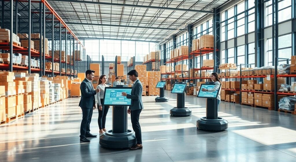 A spacious, modern warehouse fulfillment center brimming with high-tech solutions. In the foreground, a diverse group of professionals in smart business attire actively engages with touchscreen monitors, managing inventory and logistics. The middle ground features organized shelves filled with neatly packaged products, while automated robots transport items efficiently along designated pathways. The background reveals large windows allowing natural light to flood the space, casting soft shadows on the polished concrete floor. The atmosphere is vibrant and industrious, showcasing innovation and teamwork in a clean, well-organized environment. Use a wide-angle lens to capture the entire scene with clarity, highlighting both the technology and the collaborative spirit. A spacious, modern warehouse fulfillment center brimming with high-tech solutions. In the foreground, a diverse group of professionals in smart business attire actively engages with touchscreen monitors, managing inventory and logistics. The middle ground features organized shelves filled with neatly packaged products, while automated robots transport items efficiently along designated pathways. The background reveals large windows allowing natural light to flood the space, casting soft shadows on the polished concrete floor. The atmosphere is vibrant and industrious, showcasing innovation and teamwork in a clean, well-organized environment. Use a wide-angle lens to capture the entire scene with clarity, highlighting both the technology and the collaborative spirit.