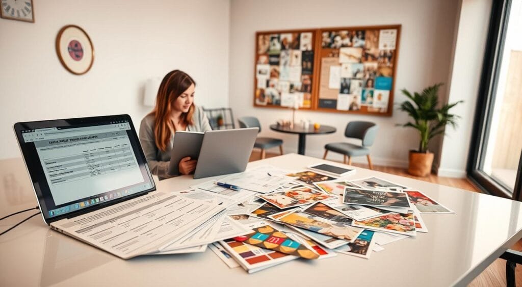 A stylish and modern workspace featuring a professional event planner diligently organizing various event materials on a sleek desk. In the foreground, a laptop displays pricing spreadsheets and service packages. Scattered across the desk are colorful samples of event decor such as invitations, table settings, and floral arrangements. In the middle ground, a bulletin board is adorned with mood boards and event ideas, showcasing creativity and planning sophistication. The background features a cozy meeting area with a small round table and chairs, bathed in warm, natural light from a large window, creating an inviting atmosphere. The scene captures the essence of professionalism and creativity, emphasizing the importance of pricing strategies in freelance event planning, depicted through a camera angle that slightly tilts upward to include the workspace and meeting area harmoniously. A stylish and modern workspace featuring a professional event planner diligently organizing various event materials on a sleek desk. In the foreground, a laptop displays pricing spreadsheets and service packages. Scattered across the desk are colorful samples of event decor such as invitations, table settings, and floral arrangements. In the middle ground, a bulletin board is adorned with mood boards and event ideas, showcasing creativity and planning sophistication. The background features a cozy meeting area with a small round table and chairs, bathed in warm, natural light from a large window, creating an inviting atmosphere. The scene captures the essence of professionalism and creativity, emphasizing the importance of pricing strategies in freelance event planning, depicted through a camera angle that slightly tilts upward to include the workspace and meeting area harmoniously.