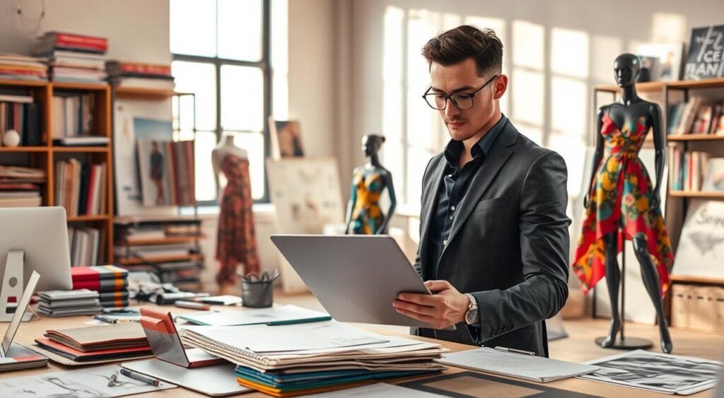 A stylish freelance fashion designer in a modern workspace, surrounded by swatches of fabric, sketches, and a laptop showcasing fashion design software. In the foreground, a confident individual in professional attire, attentively reviewing a portfolio, displaying a focused expression. The middle ground features a large window letting in soft, natural light, casting warm shadows. Mannequins dressed in vibrant, unique clothing designs are positioned nearby, highlighting creativity and innovation. The background includes shelves filled with design books and inspirational mood boards. The overall atmosphere is energetic and inspiring, capturing a sense of passion for fashion and the entrepreneurial spirit of freelancing, with a balanced color palette that conveys professionalism.