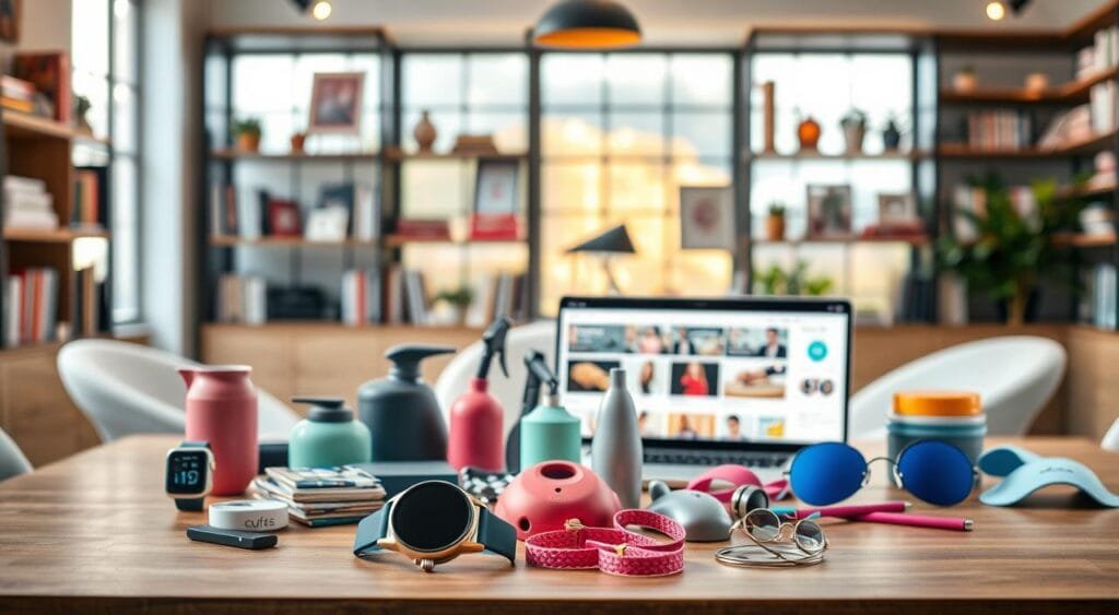A stylish, modern workspace showcasing a collection of top trending e-commerce products. In the foreground, a neatly arranged table with various items: a sleek smartwatch, eco-friendly kitchen gadgets, vibrant fitness gear, and trendy fashion accessories. The middle ground features a large, inviting window with soft natural light pouring in, illuminating a laptop displaying an online store interface. In the background, blurred bookshelves filled with business guides and inspirational decor enhance the entrepreneurial atmosphere. Use warm lighting and a shallow depth of field to create a professional yet inviting mood, capturing the essence of innovation and market trends in e-commerce. No people are present in the image.
