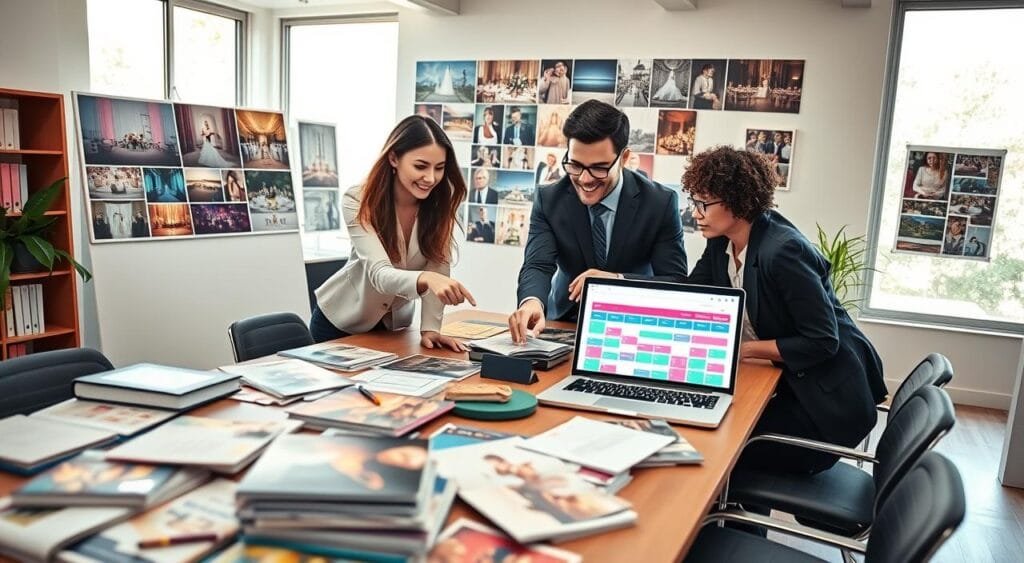 A stylish office environment dedicated to event planning, featuring a large table covered with colorful brochures, binders, and a laptop displaying a vibrant digital calendar. In the foreground, a group of three professionals in smart business attire—a woman with long brown hair, a man with glasses, and a woman with short curly hair—collaborate enthusiastically, pointing at the laptop screen and discussing ideas. The middle ground showcases a mood board filled with images of wedding setups, corporate events, and party decorations. The background reveals large windows letting in warm, soft daylight, creating an inviting atmosphere. Use a wide-angle lens to emphasize the workspace, ensuring the setting feels dynamic and inspiring, perfect for crafting a comprehensive business plan in event planning. A stylish office environment dedicated to event planning, featuring a large table covered with colorful brochures, binders, and a laptop displaying a vibrant digital calendar. In the foreground, a group of three professionals in smart business attire—a woman with long brown hair, a man with glasses, and a woman with short curly hair—collaborate enthusiastically, pointing at the laptop screen and discussing ideas. The middle ground showcases a mood board filled with images of wedding setups, corporate events, and party decorations. The background reveals large windows letting in warm, soft daylight, creating an inviting atmosphere. Use a wide-angle lens to emphasize the workspace, ensuring the setting feels dynamic and inspiring, perfect for crafting a comprehensive business plan in event planning.