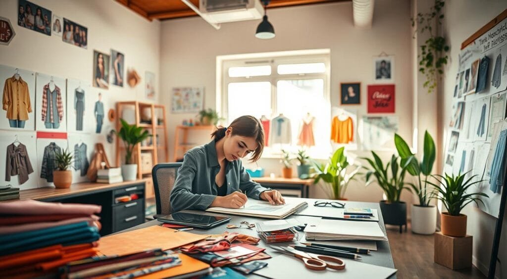 A stylish workspace featuring a young fashion designer at a desk, deeply focused on sketching innovative clothing designs. In the foreground, vibrant fabric swatches are neatly arranged alongside tools like scissors and sketchbooks. The designer, dressed in professional attire, exudes creativity and confidence. In the middle ground, there are mood boards showcasing various fashion styles, trends, and color palettes that reflect marketing strategies. The background displays a well-organized room with fashion-related decor, bright natural light streaming in through a large window, and plants that add a touch of liveliness. The atmosphere is inspiring and dynamic, symbolizing the hustle and creativity in freelance fashion design. Use a soft focus to enhance the artistic feel, simulating depth of field with a warm color palette.