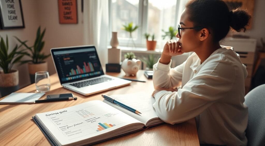A thoughtful individual sits at a beautifully organized desk, prioritizing their savings goals. In the foreground, a clean notebook is open, filled with neatly written financial goals and colorful charts, with a pen poised ready to write. The middle ground features a laptop displaying budgeting software, while a stylish piggy bank stands nearby, symbolizing savings. The background includes a warm-lit room with plants and motivational artwork on the walls, creating a cozy and inspiring atmosphere. Soft, natural light streams through a window, casting gentle shadows. The scene evokes a sense of focus and empowerment, showcasing a methodical approach to achieving financial dreams, ideal for setting effective savings goals.