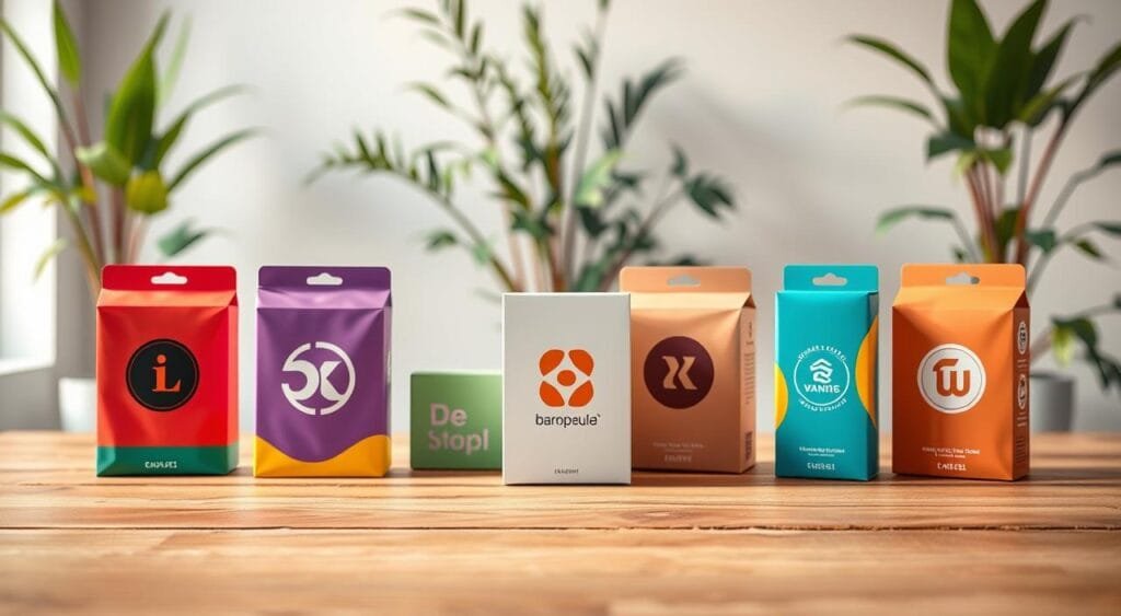 A vibrant and contemporary branded packaging design, prominently displayed in a clean, well-lit environment. In the foreground, a selection of innovative packaging boxes showcasing bold colors and unique shapes, featuring distinct logo designs that reflect 2023 trends. In the middle ground, a textured wooden table serves as a surface for the products, while behind them, soft-focus greenery creates a natural backdrop, enhancing the eco-friendly aspect of the packaging. The lighting is warm and inviting, casting gentle shadows and adding depth. The angle captures a dynamic perspective, highlighting both the artistry and functionality of the packaging. The mood is modern, stylish, and aspirational, encapsulating the essence of branding in the packaging industry. A vibrant and contemporary branded packaging design, prominently displayed in a clean, well-lit environment. In the foreground, a selection of innovative packaging boxes showcasing bold colors and unique shapes, featuring distinct logo designs that reflect 2023 trends. In the middle ground, a textured wooden table serves as a surface for the products, while behind them, soft-focus greenery creates a natural backdrop, enhancing the eco-friendly aspect of the packaging. The lighting is warm and inviting, casting gentle shadows and adding depth. The angle captures a dynamic perspective, highlighting both the artistry and functionality of the packaging. The mood is modern, stylish, and aspirational, encapsulating the essence of branding in the packaging industry.