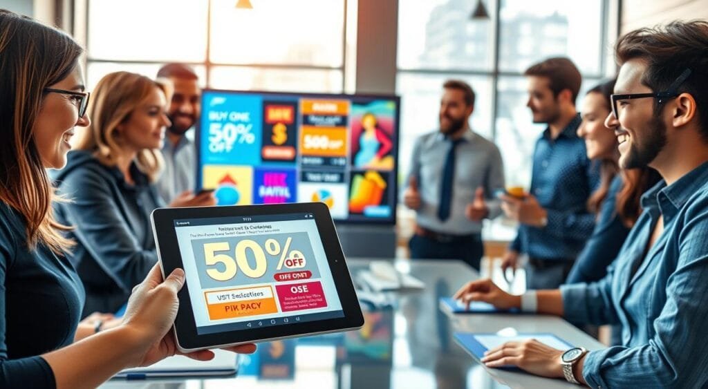 A vibrant and dynamic workspace filled with energy, featuring a diverse group of professionals in smart-casual clothing, actively discussing promotional strategies for e-commerce. In the foreground, a digital tablet displays eye-catching discount graphics and sales figures. The middle ground highlights a large digital screen showcasing various promotions, with colorful tags like "50% off" and "Buy One Get One Free." The background includes a modern office setting with bright natural lighting streaming through large windows, creating an inviting atmosphere. The scene conveys urgency and excitement, emphasizing creativity and teamwork in maximizing online sales, with a focus on collaboration and innovation. The overall mood is optimistic and forward-thinking, inspiring viewers with the potential of promotional offers.
