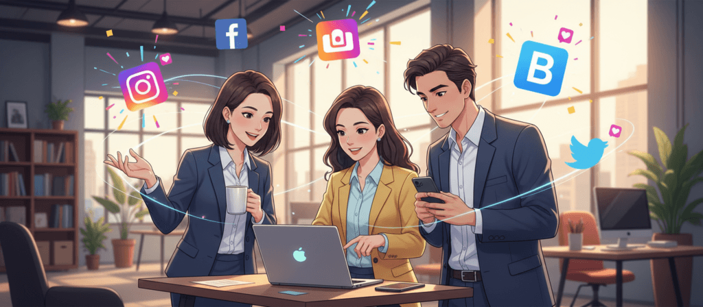 A vibrant and engaging scene depicting blogger outreach on social media. In the foreground, a diverse group of three professionals—two women and one man—are gathered around a laptop, each dressed in professional business attire and analyzing social media metrics. The woman on the left has a coffee cup, while the man uses a smartphone to check notifications. In the middle ground, colorful social media icons float around them, symbolizing various platforms like Instagram, Facebook, and Twitter, representing connections. The background features an inviting, modern office environment with large windows allowing natural light to flood the space, creating a warm and motivating atmosphere. The image conveys a sense of collaboration and excitement, showcasing the energy of growing online engagement through effective outreach.