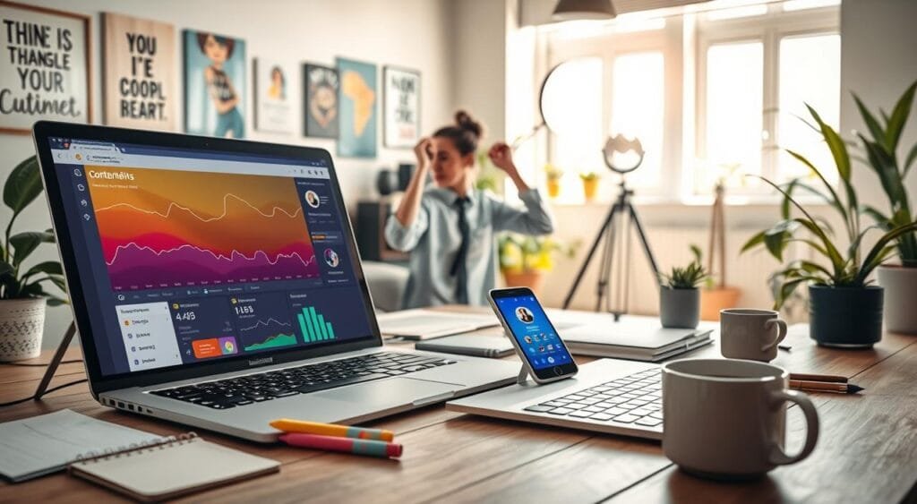 A vibrant and engaging workspace filled with tools for short-form content creation. In the foreground, a sleek laptop is open, displaying a colorful dashboard of content metrics, with a smartphone propped nearby showcasing a popular social media app interface. Scattered around are inspirational items like a notepad, highlighters, and a coffee cup. In the middle ground, a person in professional attire is seen recording a video, with a ring light illuminating their face, capturing their enthusiasm. The background features a bright, airy room with motivational posters on the walls and plants adding a touch of greenery. The overall atmosphere is productive and energetic, with natural light flooding in, creating a warm and inviting environment that inspires creativity and maximizes earnings.