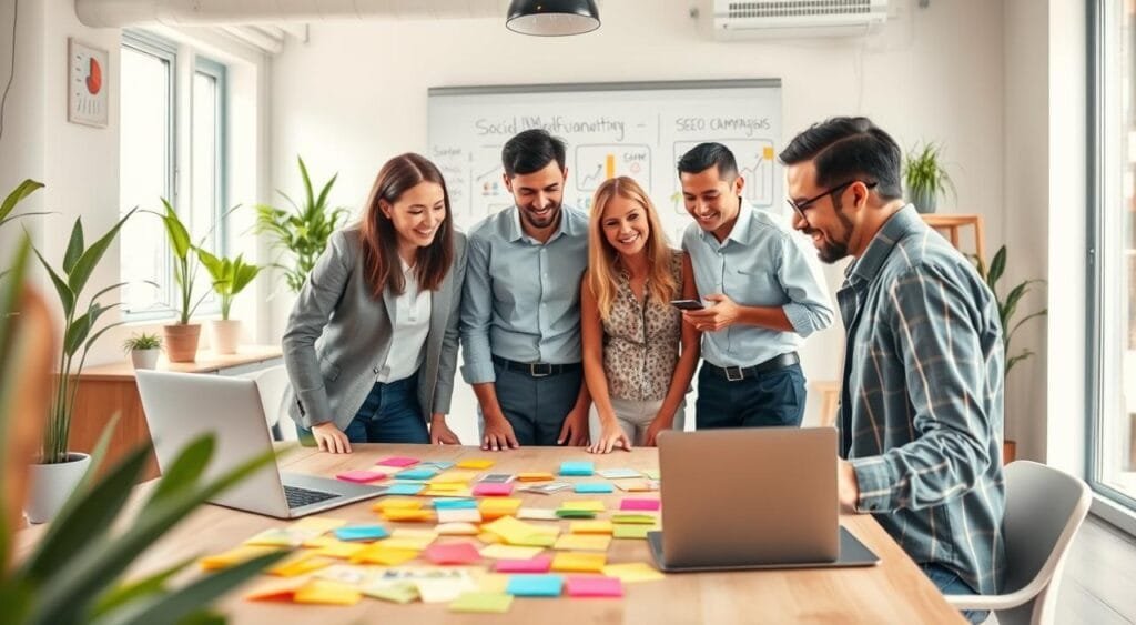 A vibrant and professional setting depicting best practices for marketing a Shopify store. In the foreground, a diverse group of 4 entrepreneurs in smart casual attire collaborates around a laptop, brainstorming strategies with colorful sticky notes scattered across a table. The middle ground shows a digital marketing plan on a whiteboard with graphics illustrating social media growth, email campaigns, and SEO techniques. In the background, a bright, airy office with plants and modern décor provides a motivating atmosphere. Soft, natural lighting floods the space, creating a warm and inviting mood. Capture this scene from a slightly elevated angle to emphasize teamwork and creativity, focusing on the energy of the marketing discussion. A vibrant and professional setting depicting best practices for marketing a Shopify store. In the foreground, a diverse group of 4 entrepreneurs in smart casual attire collaborates around a laptop, brainstorming strategies with colorful sticky notes scattered across a table. The middle ground shows a digital marketing plan on a whiteboard with graphics illustrating social media growth, email campaigns, and SEO techniques. In the background, a bright, airy office with plants and modern décor provides a motivating atmosphere. Soft, natural lighting floods the space, creating a warm and inviting mood. Capture this scene from a slightly elevated angle to emphasize teamwork and creativity, focusing on the energy of the marketing discussion.