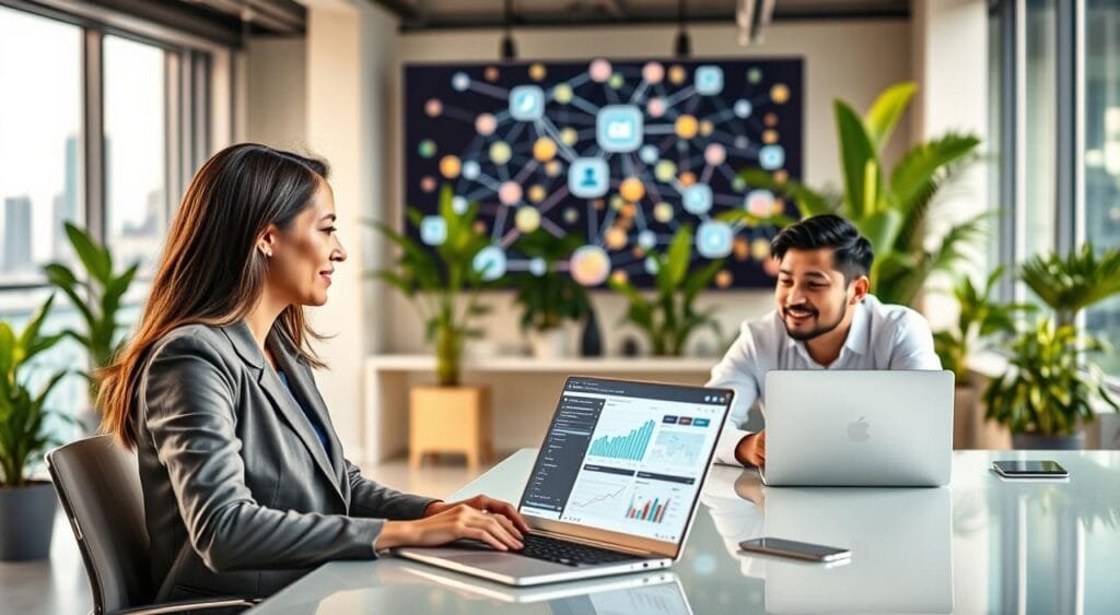 A vibrant digital marketing and networking scene, showcasing a diverse group of professionals engaged in an animated online meeting. In the foreground, a Caucasian woman and an Asian man, both in smart business attire, sit at sleek desks with laptops open, displaying colorful graphs and social media feeds. The middle ground features a large digital screen displaying interconnected network nodes and data analytics. The background is an airy, modern office space with a view of a city skyline, filled with green plants for a fresh atmosphere. Soft, warm lighting creates an inviting mood, while a slight blur effect emphasizes the connections being made. The overall composition conveys the dynamic energy of online networking and collaborative success.