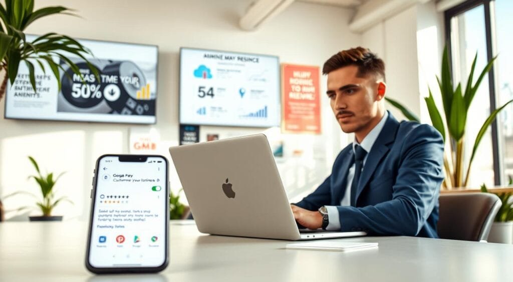 A vibrant digital workspace representing online presence, featuring a professional individual in business attire, sitting at a modern desk with a laptop open and displaying a Google My Business dashboard. In the foreground, a smartphone shows an alert for a new customer review, symbolizing engagement. The middle ground includes a wall-mounted screen displaying various analytics and promotional graphics related to GMB features. The background is a bright, airy office space with motivational posters and plants, emphasizing a productive atmosphere. Soft natural lighting floods the room from a large window, creating a welcoming and energetic mood. The scene is taken from a slightly elevated angle, capturing the dynamic setup of the workspace.