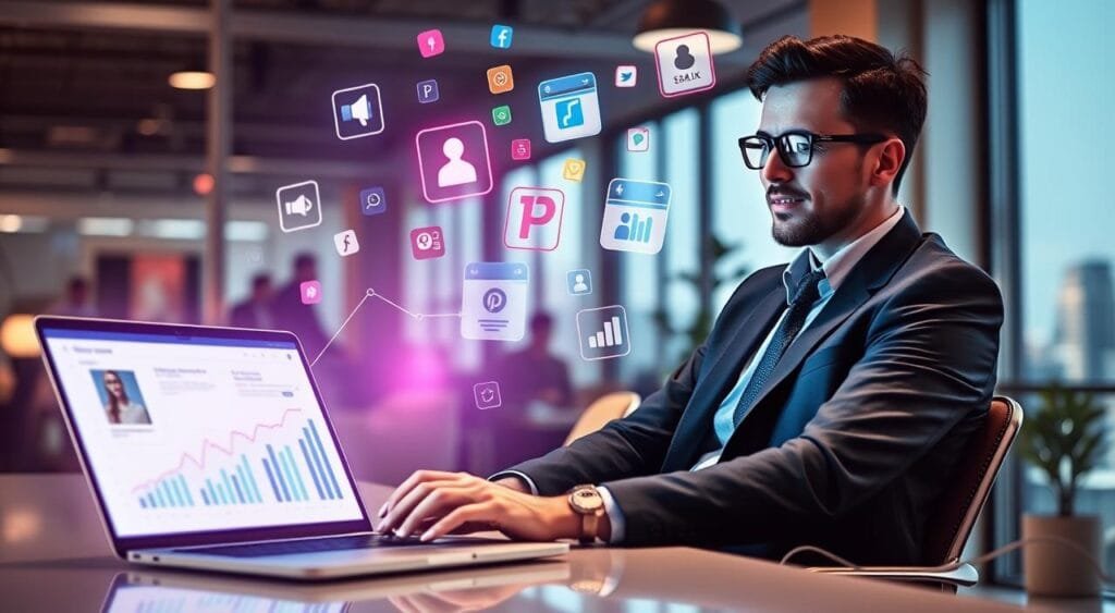 A vibrant digital workspace scene depicting an online store's growth through Facebook ads. In the foreground, a professional individual in smart casual attire sits engaged at a laptop, analyzing graphs and metrics displaying increasing sales and engagement. In the middle ground, virtual elements like colorful social media icons and ad visuals float around, illustrating the concept of Facebook ads connecting to a growing audience. The background features a modern office with soft lighting and a large window showing a city skyline, suggesting a thriving business environment. The overall mood is positive and motivational, conveying success and strategic planning in online marketing. A vibrant digital workspace scene depicting an online store's growth through Facebook ads. In the foreground, a professional individual in smart casual attire sits engaged at a laptop, analyzing graphs and metrics displaying increasing sales and engagement. In the middle ground, virtual elements like colorful social media icons and ad visuals float around, illustrating the concept of Facebook ads connecting to a growing audience. The background features a modern office with soft lighting and a large window showing a city skyline, suggesting a thriving business environment. The overall mood is positive and motivational, conveying success and strategic planning in online marketing.