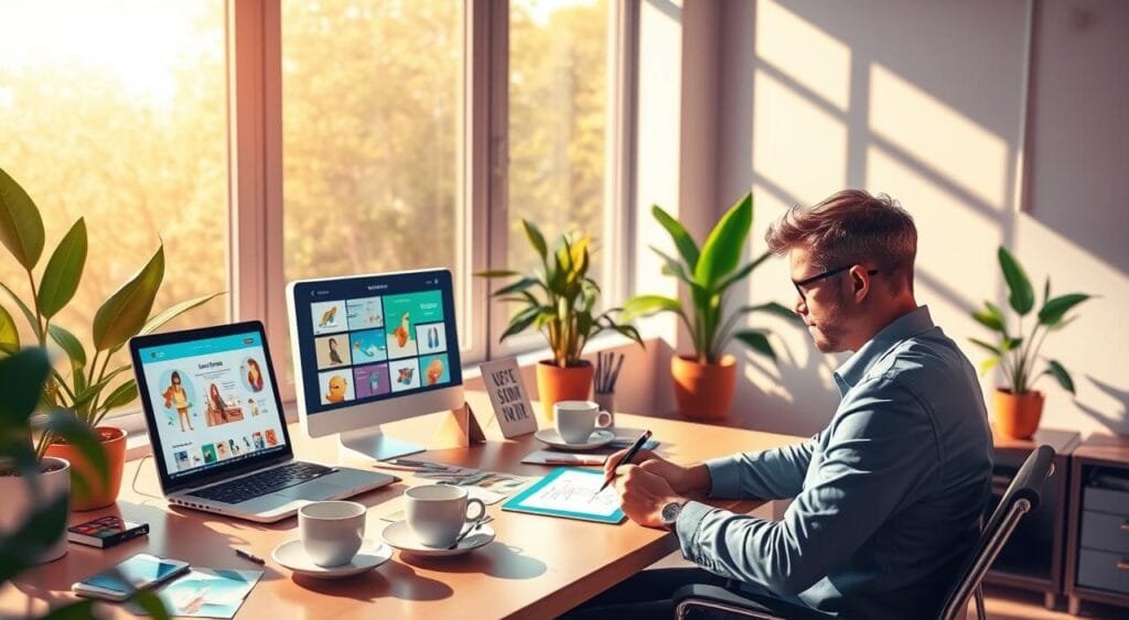 A vibrant digital workspace scene showcasing freelance illustration opportunities. In the foreground, a focused artist in professional attire sits at a stylish desk, drawing on a tablet with colorful illustration sketches displayed around them. In the middle, a laptop screen shows various job platforms and websites for freelancers, while coffee cups and art supplies are neatly arranged. The background features large windows with warm, natural light flooding the room, illuminating the creative atmosphere. Soft shadows cast by houseplants add depth. The color palette should be bright and inviting, conveying a sense of inspiration and potential in the freelance illustration field. The overall mood should be energetic and motivating, encouraging viewers to explore freelance opportunities.