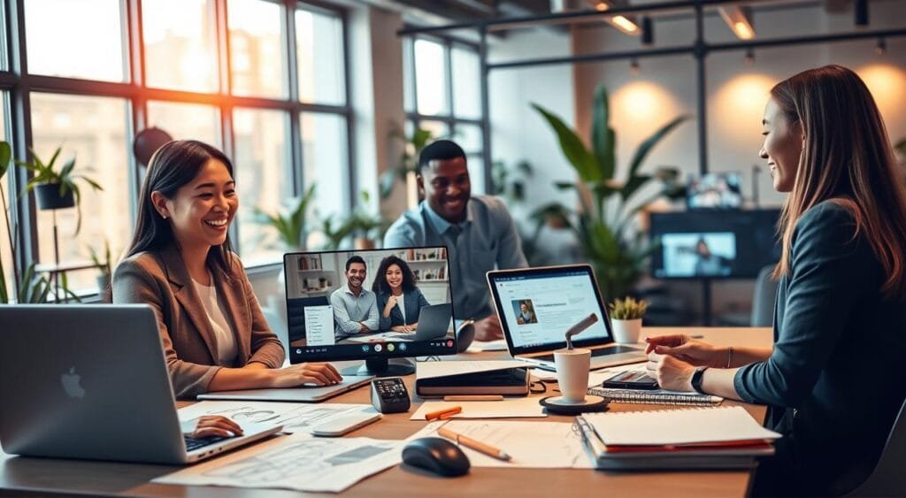 A vibrant digital workspace showcasing the theme of freelance networking. In the foreground, a diverse group of three professionals (a woman of Asian descent, a Black man, and a Caucasian woman) dressed in smart casual attire, engaged in a video call on a laptop, smiling and sharing ideas. In the middle, a desk cluttered with design sketches, notebooks, and devices with visible freelance websites open on the screens, conveying collaboration and creativity. The background features a softly lit modern office space with large windows bathing the scene in warm, natural light, and plants adding a touch of freshness. The atmosphere is inviting and energetic, symbolizing growth and connection.