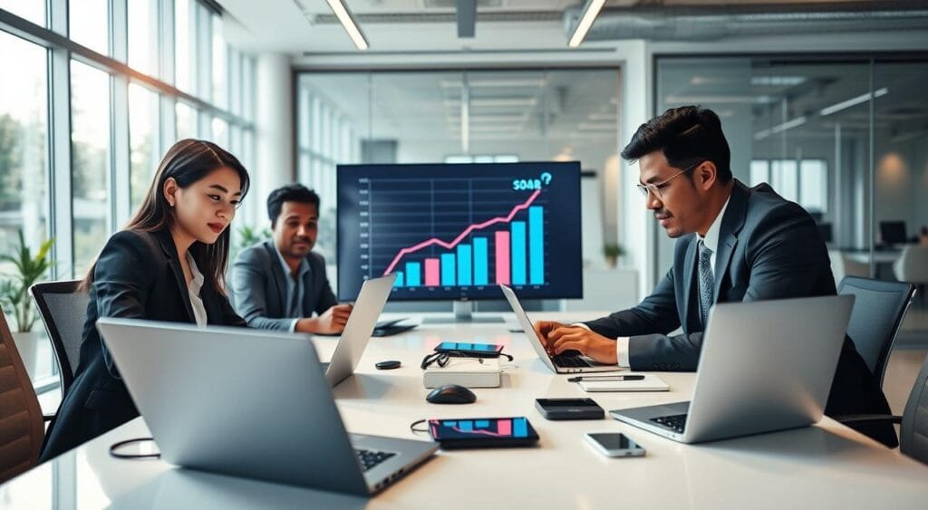 A vibrant digital workspace that symbolizes the enhancement of online presence. In the foreground, a diverse group of three professionals—one Asian woman, one Black man, and one Hispanic man—collaborate around a sleek, modern table cluttered with laptops and digital devices, they are dressed in sharp business attire. In the middle, a large screen displays an upward trending graph and social media icons, indicating growth and engagement. The background features a bright and inviting office environment with large windows, allowing natural light to flood in, creating a warm and motivated atmosphere. The composition should evoke a sense of collaboration and innovation, with a focus on technology and networking, captured with a wide-angle lens to emphasize the dynamic workspace and energetic mood.