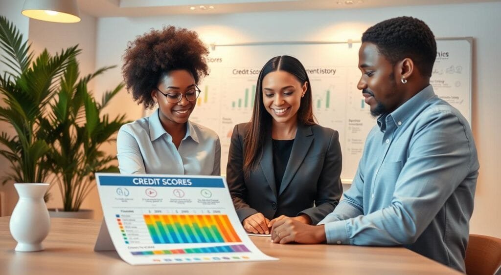 A vibrant educational scene focusing on understanding credit scores. In the foreground, a diverse group of three professionals in modest business attire are gathered around a table, analyzing a colorful infographic about credit scores. The middle ground features a large whiteboard filled with graphs and key terms like "credit utilization" and "payment history." In the background, a modern office environment with plush plants and warm lighting creates a welcoming atmosphere. The lighting is bright but soft, enhancing the clarity of the visuals. The camera angle is slightly elevated, capturing both the individuals' engaged expressions and the informative materials. The mood is collaborative and insightful, ideal for conveying the importance of financial literacy.