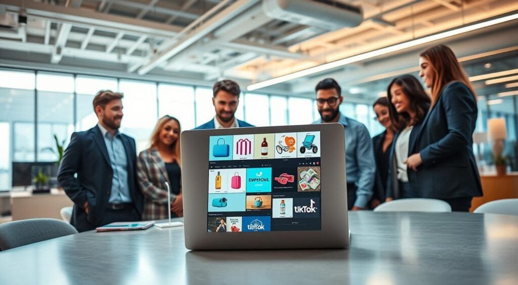 A vibrant, eye-catching scene depicting a professional workspace dedicated to TikTok advertising for online stores. In the foreground, a diverse group of individuals in business attire collaborates around a laptop displaying engaging TikTok ads for various products. The middle ground features colorful product mockups and digital graphics illustrating creative advertisement concepts. The background showcases a modern office setting with bright lighting, accentuating a lively atmosphere of innovation and marketing strategy. Capture the essence of teamwork and creativity, with dynamic lighting highlighting the excitement of online commerce. Use a wide-angle perspective to create depth, while maintaining focus on the engaging content being created. Overall, convey a sense of enthusiasm and professionalism in the realm of e-commerce advertising on TikTok.
