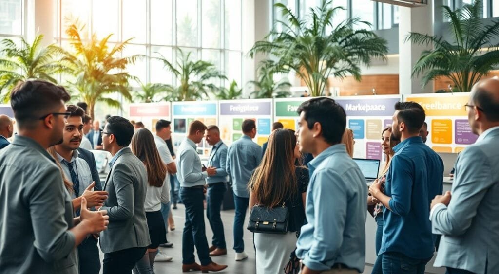 A vibrant freelance marketplace scene bustling with activity. In the foreground, a diverse group of professionals in smart casual attire are engaged in animated discussions, exchanging ideas, and networking. In the middle ground, several booths represent different freelance services, each showcasing colorful graphics and technology tools like laptops and tablets. The background features a bright, modern building with large windows and greenery, creating a welcoming atmosphere. Soft, natural lighting streams in from the windows, creating a warm and inviting ambiance. The lens is slightly wide-angle to capture the busy yet organized environment, emphasizing collaboration and connection among freelancers. The overall mood reflects a sense of opportunity and community, inspiring freelancers to connect and grow their networks. A vibrant freelance marketplace scene bustling with activity. In the foreground, a diverse group of professionals in smart casual attire are engaged in animated discussions, exchanging ideas, and networking. In the middle ground, several booths represent different freelance services, each showcasing colorful graphics and technology tools like laptops and tablets. The background features a bright, modern building with large windows and greenery, creating a welcoming atmosphere. Soft, natural lighting streams in from the windows, creating a warm and inviting ambiance. The lens is slightly wide-angle to capture the busy yet organized environment, emphasizing collaboration and connection among freelancers. The overall mood reflects a sense of opportunity and community, inspiring freelancers to connect and grow their networks.