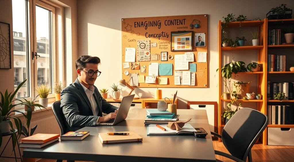 A vibrant home office scene filled with creative energy. In the foreground, a confident individual in a smart casual outfit sits at a sleek desk, intently focused on a laptop, taking notes on a notebook. On the desk, there are colorful stationery, inspirational books, and a small plant, creating a welcoming atmosphere. In the middle ground, a large window allows warm, natural light to flood the room, illuminating a corkboard filled with ideas, goals, and vision boards showcasing engaging content concepts. The background features shelves with well-organized books and plants, enhancing the sense of productivity and inspiration. The overall mood is optimistic and motivational, emphasizing the importance of creating engaging and valuable content for personal branding.