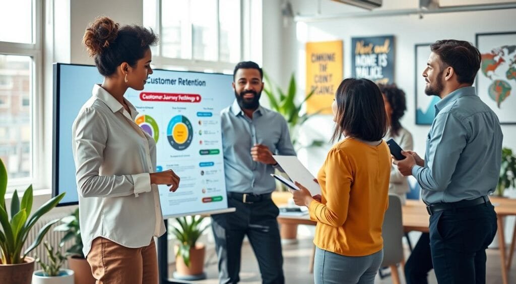 A vibrant, modern e-commerce office setting featuring a diverse group of professionals collaborating over customer retention strategies. In the foreground, a woman in smart casual attire points to a colorful infographic showcasing customer journey maps while a man in a formal shirt takes notes. In the middle ground, a large screen displays data analytics and positive customer feedback, emphasizing improvement and engagement. The background reveals a bright, open workspace with potted plants and inspirational art on the walls, creating a welcoming atmosphere. Soft natural light filters through large windows, casting gentle shadows. The overall mood is one of teamwork and innovation, aiming to enhance the customer experience in e-commerce. A vibrant, modern e-commerce office setting featuring a diverse group of professionals collaborating over customer retention strategies. In the foreground, a woman in smart casual attire points to a colorful infographic showcasing customer journey maps while a man in a formal shirt takes notes. In the middle ground, a large screen displays data analytics and positive customer feedback, emphasizing improvement and engagement. The background reveals a bright, open workspace with potted plants and inspirational art on the walls, creating a welcoming atmosphere. Soft natural light filters through large windows, casting gentle shadows. The overall mood is one of teamwork and innovation, aiming to enhance the customer experience in e-commerce.