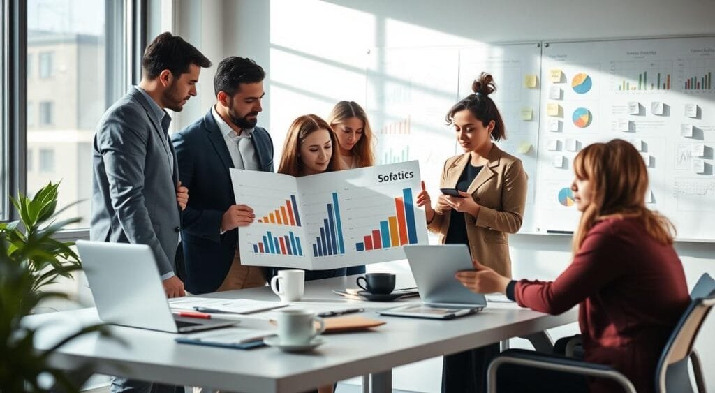 A vibrant, modern office setting showcasing a diverse team analyzing performance metrics for small business growth. In the foreground, a mixed-gender group of professionals in smart casual attire are intently discussing data displayed on a laptop and a large printed graph. The middle layer presents a sleek desk filled with charts, a tablet, and coffee cups, while a whiteboard in the background features colorful graphs and sticky notes illustrating strategies. Soft, natural lighting streams through large windows, creating an inviting atmosphere. The scene is shot from a slightly elevated angle to capture the collaboration and focus, embodying a mood of productivity and innovation, with a subtle emphasis on teamwork and analytical thinking.