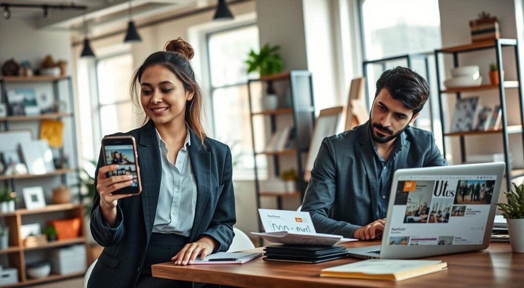 A vibrant, modern workspace featuring two professional individuals collaborating on content creation for social media. In the foreground, a confident woman in smart casual attire is holding a smartphone, showcasing engaging Instagram posts. Beside her, a man in a tailored business shirt is brainstorming ideas on a notepad, with a laptop open to a design software displaying visually appealing graphics. The middle ground has shelves filled with inspiration boards, marketing materials, and social media analytics reports. The background features bright, inviting natural light streaming through large windows, creating a productive atmosphere. The mood is focused yet creative, highlighting teamwork and innovation in influencer marketing strategies. The image should capture a dynamic and collaborative environment, ideal for showcasing influencer collaborations.