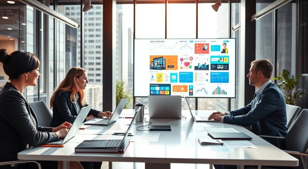 A vibrant, modern workspace showcasing a professional marketing team collaborating on strategies for a Salla online store. In the foreground, a diverse group of three individuals in professional business attire, engaged in discussion around a sleek conference table covered with laptops, documents, and market analysis charts. In the middle ground, a large digital screen displays colorful marketing graphics, showcasing various platforms like social media and email campaigns. The background features a stylish office with large windows offering a view of a bustling city, filled with bright natural light. The atmosphere is energetic and focused, emphasizing teamwork and creativity in marketing efforts. Use soft, natural lighting to create an inspiring and professional mood.