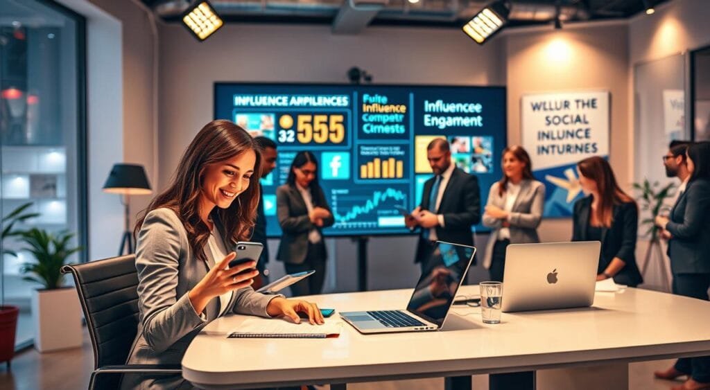 A vibrant office setting where a diverse group of professional individuals, dressed in smart business attire, collaborate on a social media marketing campaign. In the foreground, a confident female influencer, actively engaging with a smartphone, is sharing content while seated at a sleek, modern desk adorned with branding materials and a laptop. The middle ground features a large screen displaying social media analytics and creative visuals, surrounded by colleagues brainstorming ideas. The background reveals a well-lit studio space with colorful lights and motivational posters about influence and engagement. The scene radiates an atmosphere of creativity and teamwork, captured from a slightly elevated angle to emphasize collaboration, with warm, inviting lighting that enhances the professional yet dynamic feel of the image. A vibrant office setting where a diverse group of professional individuals, dressed in smart business attire, collaborate on a social media marketing campaign. In the foreground, a confident female influencer, actively engaging with a smartphone, is sharing content while seated at a sleek, modern desk adorned with branding materials and a laptop. The middle ground features a large screen displaying social media analytics and creative visuals, surrounded by colleagues brainstorming ideas. The background reveals a well-lit studio space with colorful lights and motivational posters about influence and engagement. The scene radiates an atmosphere of creativity and teamwork, captured from a slightly elevated angle to emphasize collaboration, with warm, inviting lighting that enhances the professional yet dynamic feel of the image.
