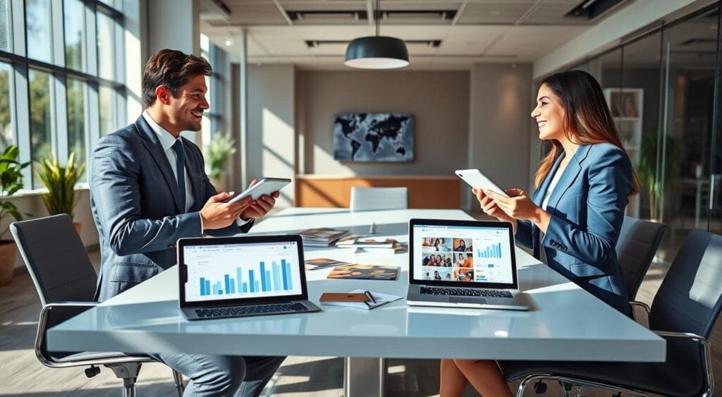 A vibrant, professional setting showcasing a brand ambassador negotiation meeting. In the foreground, two individuals in business attire engage in a friendly discussion, one representing a brand and the other an influencer, both holding tablets with digital marketing analytics. The middle layer features a sleek conference table adorned with marketing materials and a laptop displaying campaign visuals. In the background, a modern office environment with large windows, allowing natural light to pour in, casting soft shadows. The mood is collaborative and optimistic, highlighting the importance of strategic partnerships. Use a wide-angle lens to capture the essence of the interaction, ensuring a warm and inviting atmosphere. The image should embody professionalism with a focus on creating mutually beneficial agreements. A vibrant, professional setting showcasing a brand ambassador negotiation meeting. In the foreground, two individuals in business attire engage in a friendly discussion, one representing a brand and the other an influencer, both holding tablets with digital marketing analytics. The middle layer features a sleek conference table adorned with marketing materials and a laptop displaying campaign visuals. In the background, a modern office environment with large windows, allowing natural light to pour in, casting soft shadows. The mood is collaborative and optimistic, highlighting the importance of strategic partnerships. Use a wide-angle lens to capture the essence of the interaction, ensuring a warm and inviting atmosphere. The image should embody professionalism with a focus on creating mutually beneficial agreements.