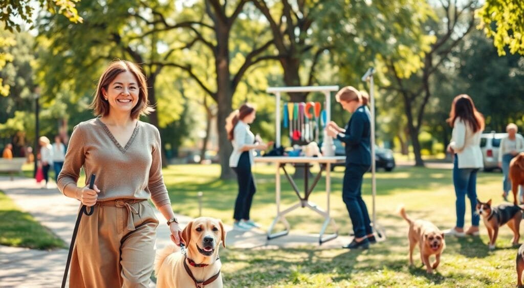 A vibrant scene depicting a pet services business in action. In the foreground, a friendly, modestly dressed woman walks two dogs on leashes, showcasing the joy of dog walking. She has a bright smile, exuding enthusiasm. In the middle, a well-organized pet grooming station is set up with colorful grooming tools and a happy cat being pampered by a professional in smart, casual attire. The background features a sunny park with lush greenery, where other people are seen engaging in various pet-related activities, such as training dogs and playing fetch. Soft sunlight filters through the trees, creating a warm and inviting atmosphere. The overall mood is lively and encouraging, highlighting the growing demand for pet services.