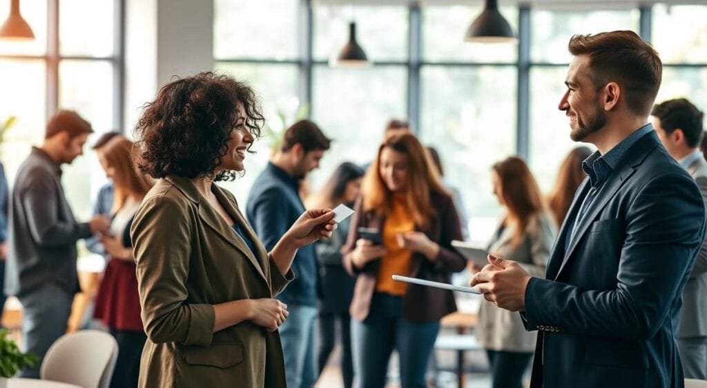 A vibrant scene of a diverse group of freelancers engaging in networking at a modern co-working space. In the foreground, two individuals, a woman with shoulder-length curly hair in a smart casual outfit and a man with short hair in a tailored blazer, are exchanging business cards and smiling. In the middle, small clusters of people are engaged in animated discussions, using laptops and tablets. The background features large windows letting in soft, natural light, with greenery visible outside, enhancing the productive atmosphere. The overall color palette is warm and inviting, conveying a sense of collaboration and opportunity. The image captures the spirit of professional networking, with an emphasis on connection and community among freelancers.