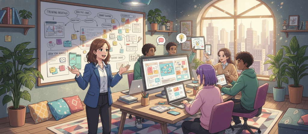 A vibrant workspace featuring a diverse group of bloggers collaborating on social media marketing strategies. In the foreground, a woman in professional business attire is animatedly discussing ideas with her colleagues, who are engaged with laptops and tablets showcasing eye-catching blog graphics. The middle layer reveals a large whiteboard filled with colorful mind maps and content ideas, while plants and stylish decor add warmth. In the background, soft sunlight filters through a large window, creating a bright and inspiring atmosphere. The scene conveys creativity, collaboration, and the dynamic nature of marketing, inviting viewers to explore the art of creating shareable content for social channels.
