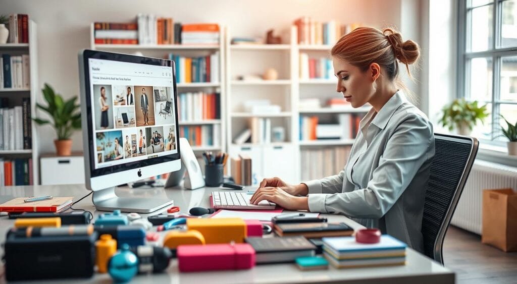 A vibrant workspace scene focusing on a professional businesswoman sitting at a sleek desk, intently writing persuasive product descriptions. In the foreground, her computer screen displays visually appealing product images and engaging text. The middle layer features an assortment of colorful product samples neatly arranged around her workspace, including tech gadgets, clothing, and home goods. Soft, natural light floods the room through a large window, accentuating the details of the products and creating a warm, inviting atmosphere. In the background, bookshelves filled with marketing and writing guides hint at her expertise. This setting conveys a sense of creativity and professionalism, showcasing the art of effective product description writing in a dynamic and inspiring environment.