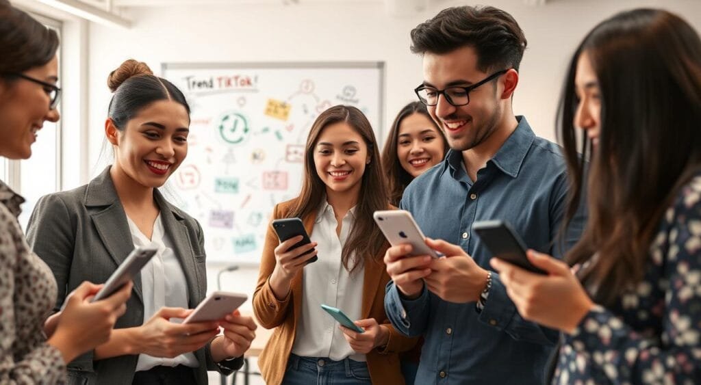 A vibrant workspace showcasing a diverse group of young professionals engaging with their smartphones, intently interacting and strategizing about TikTok content. In the foreground, a woman in smart casual clothing smiles as she shares a video, while a man beside her enthusiastically gestures towards the screen. The middle ground features a colorful whiteboard filled with creative ideas and drawings illustrating trending TikTok themes. In the background, a bright, modern office environment with soft, natural lighting highlights the energy of collaboration. The scene evokes a sense of excitement and creativity, emphasizing the importance of maximizing audience interaction for viral content. The atmosphere is dynamic, inspiring, and professional, focusing on teamwork and innovation.