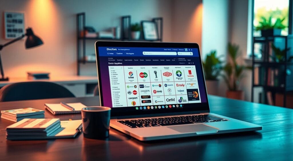 A visually appealing digital workspace showcasing a "dropshipping suppliers directory." In the foreground, a sleek laptop sits open, displaying a vibrant directory interface filled with product listings, supplier logos, and easy navigation elements. To the left, an aesthetically arranged stack of business cards from various suppliers hints at diversity in options. In the middle ground, a stylish desk with a notepad, pen, and a stylish coffee mug creates an entrepreneurial vibe. The background shows a modern office environment with soft-focused shelves holding industry-related books and subtle greenery for a fresh touch. The lighting is warm and inviting, casting soft shadows, suggesting a productive atmosphere. The angle is slightly elevated, providing a clear view of the laptop screen while maintaining a balanced composition.