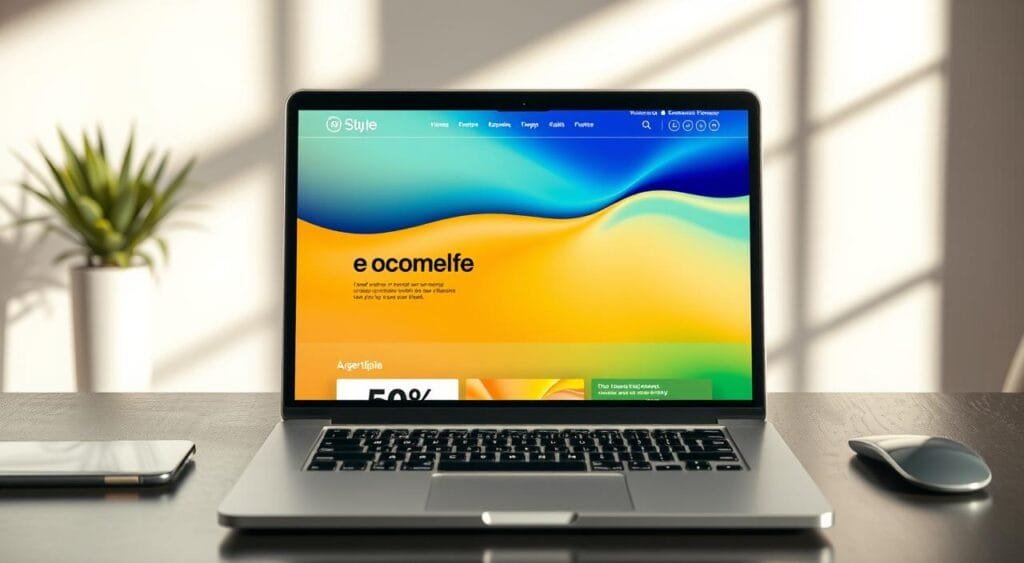 A visually appealing e-commerce website design showcased on a sleek laptop resting on a modern desktop. The foreground features an elegant interface with a harmonious blend of a vibrant color palette, incorporating deep blues, sunny yellows, and calming greens, emphasizing clarity and usability. In the middle, various typography styles are creatively displayed, showcasing stylish sans-serif and serif fonts, both large and small, highlighting product descriptions and calls to action. The background consists of a minimalistic workspace with soft natural lighting filtering through a large window, casting gentle shadows that enhance depth. The atmosphere is inviting and professional, illustrating a contemporary digital experience that encourages purchases. The image captures the essence of modern web design focused on color and typography efficiency. A visually appealing e-commerce website design showcased on a sleek laptop resting on a modern desktop. The foreground features an elegant interface with a harmonious blend of a vibrant color palette, incorporating deep blues, sunny yellows, and calming greens, emphasizing clarity and usability. In the middle, various typography styles are creatively displayed, showcasing stylish sans-serif and serif fonts, both large and small, highlighting product descriptions and calls to action. The background consists of a minimalistic workspace with soft natural lighting filtering through a large window, casting gentle shadows that enhance depth. The atmosphere is inviting and professional, illustrating a contemporary digital experience that encourages purchases. The image captures the essence of modern web design focused on color and typography efficiency.