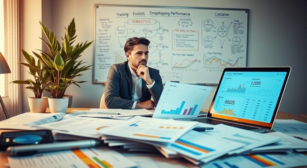 A visually appealing workspace designed for analyzing dropshipping performance metrics. In the foreground, a large desk cluttered with sheets of data, colorful graphs, and performance reports. A laptop with tracking software open displays real-time statistics. In the middle ground, a focused business professional, dressed in smart casual attire, analyzes the data with a thoughtful expression. Beside them, a modern potted plant adds a touch of nature. The background features a whiteboard filled with strategic notes and diagrams, showcasing key dropshipping strategies. Soft, warm lighting creates an inviting atmosphere, while the lens captures the scene from a slightly elevated angle, emphasizing the importance of data-driven decision-making. The overall mood is one of concentration and professionalism.