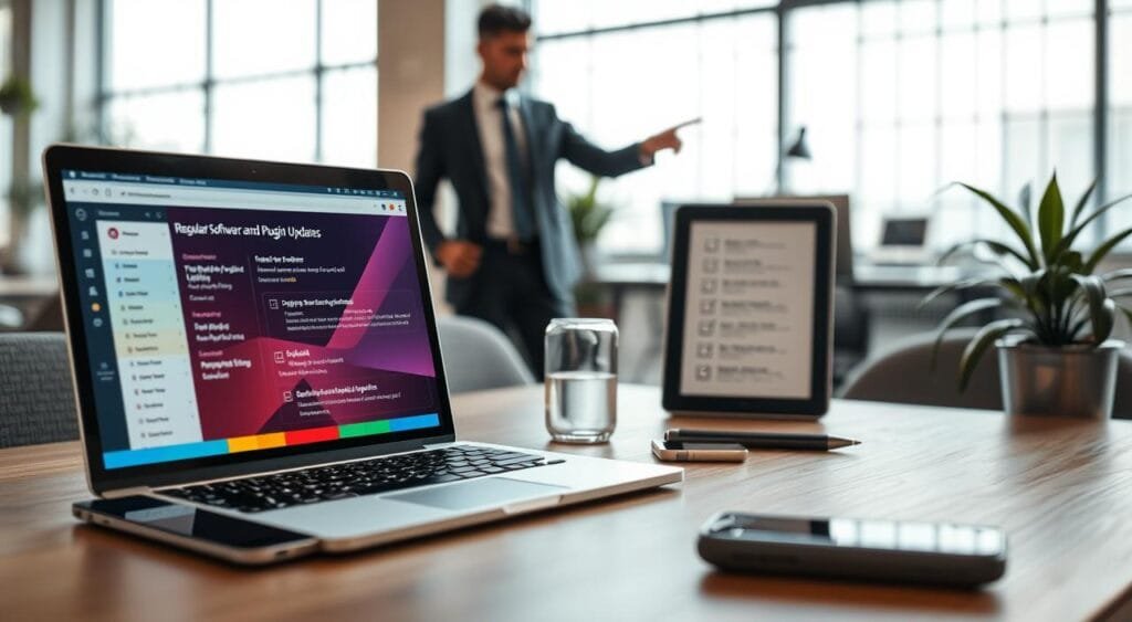 A visually captivating digital workspace that illustrates website security best practices, focusing on "Regular Software and Plugin Updates." In the foreground, a sleek laptop screen displays a colorful dashboard with notifications about software updates. To the side, a professional dressed in business attire points to a checklist of update tasks, reflecting focus and diligence. In the middle, strategically placed tech gadgets such as a smartphone and tablet add depth, while a vibrant plant enhances the aesthetic. The background features a modern office with soft, natural lighting filtering through large windows, creating an inviting ambiance. The overall mood should convey diligence and proactive measures in website security, emphasizing the importance of regular updates in a digitally connected world.