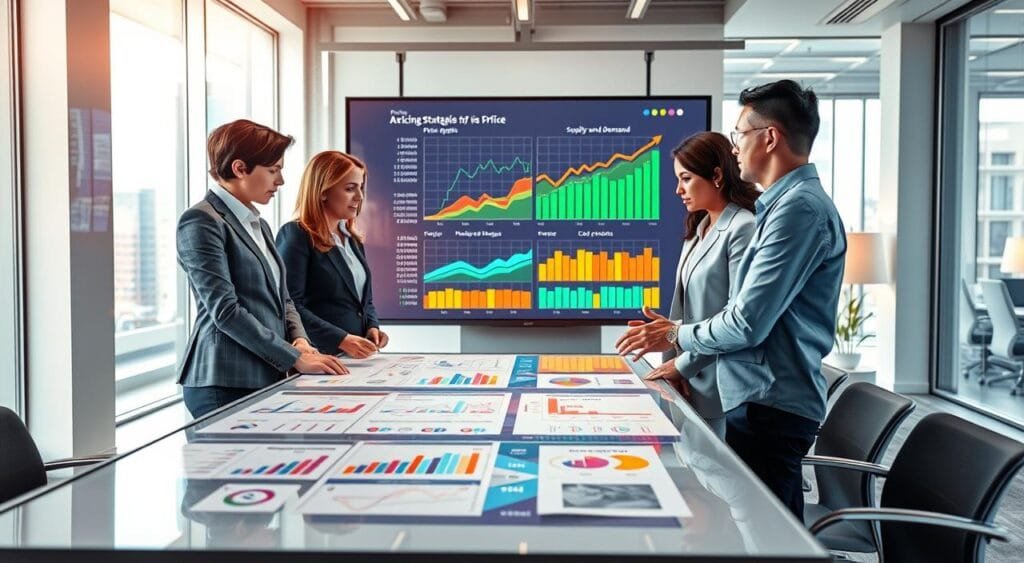 A visually compelling scene illustrating the concept of pricing strategies for selling on Amazon. In the foreground, a diverse group of professionals in business attire intensely discusses pricing charts and graphs displayed on a sleek modern table. The middle ground features a large digital screen showcasing colorful visualizations of price comparisons, supply and demand curves, and profit margins highlighted with bright colors. In the background, a stylish office environment infused with soft, natural lighting creates an inviting atmosphere. The overall mood conveys a sense of collaboration and strategic planning, emphasizing the focus on profitability in an e-commerce context. The angle is slightly elevated, providing a clear view of the interaction among the professionals and the detailed visuals behind them.