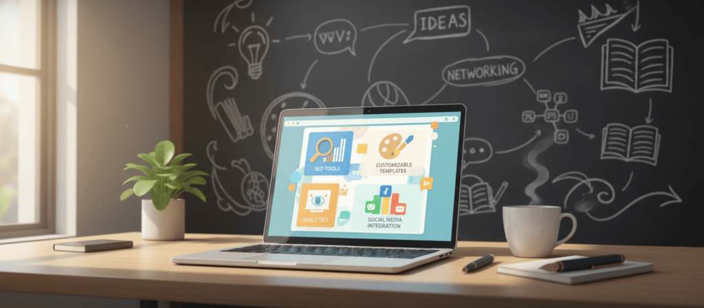 A visually engaging and informative scene illustrating essential features of a blogging platform. In the foreground, a sleek laptop is open, displaying a colorful dashboard with various icons representing features like SEO tools, customizable templates, analytics, and social media integration. In the middle ground, a modern workspace includes a potted plant and a coffee cup, radiating a productive atmosphere. The background features a chalkboard with doodles of writing and networking concepts. Soft, natural lighting creates a warm and inviting mood, while a slight focus blur emphasizes the laptop. The angle is slightly above the desk, providing a clear view of the screen and surrounding items, capturing the essence of digital creativity and professional blogging.