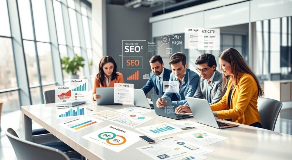 A visually engaging digital illustration showcasing the integration of content marketing and SEO strategies. In the foreground, depict a diverse group of professionals, dressed in smart casual business attire, collaborating around a modern conference table laden with laptops, charts, and SEO-related documents. In the middle ground, charts and infographics illustrating on-page optimization techniques like keyword placement and meta tags are interwoven with off-page strategies like backlinks and social media engagement. The background features a sleek, futuristic office with large windows allowing natural light to pour in, creating a bright and inviting atmosphere. Use a wide-angle lens perspective for depth, emphasizing a sense of teamwork and innovation. The overall mood is professional, dynamic, and inspiring, reflecting the importance of collaboration in mastering SEO techniques. A visually engaging digital illustration showcasing the integration of content marketing and SEO strategies. In the foreground, depict a diverse group of professionals, dressed in smart casual business attire, collaborating around a modern conference table laden with laptops, charts, and SEO-related documents. In the middle ground, charts and infographics illustrating on-page optimization techniques like keyword placement and meta tags are interwoven with off-page strategies like backlinks and social media engagement. The background features a sleek, futuristic office with large windows allowing natural light to pour in, creating a bright and inviting atmosphere. Use a wide-angle lens perspective for depth, emphasizing a sense of teamwork and innovation. The overall mood is professional, dynamic, and inspiring, reflecting the importance of collaboration in mastering SEO techniques.