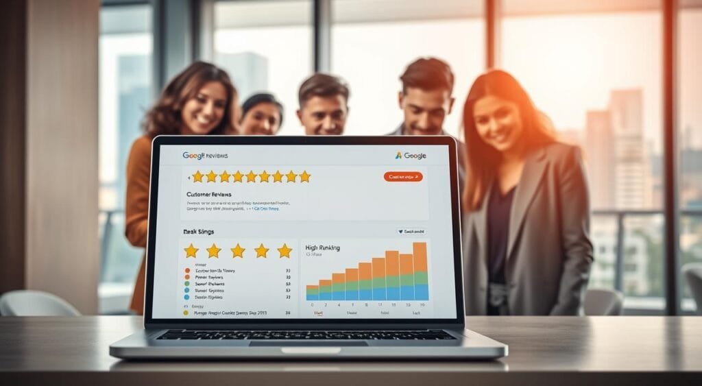 A visually engaging illustration of customer reviews and search engine ranking. In the foreground, a laptop displaying a vibrant Google My Business dashboard, with multiple glowing customer review stars and a high ranking graph. The middle layer features diverse individuals in professional business attire, attentively examining the screen, showcasing a mix of emotions—satisfaction and curiosity. The background includes a modern office setting, with soft, diffused lighting casting a warm atmosphere. A large window reveals a bright cityscape, adding depth. Capture the essence of professionalism and success, with a clean, organized layout that embodies a positive approach to managing customer feedback and online visibility.
