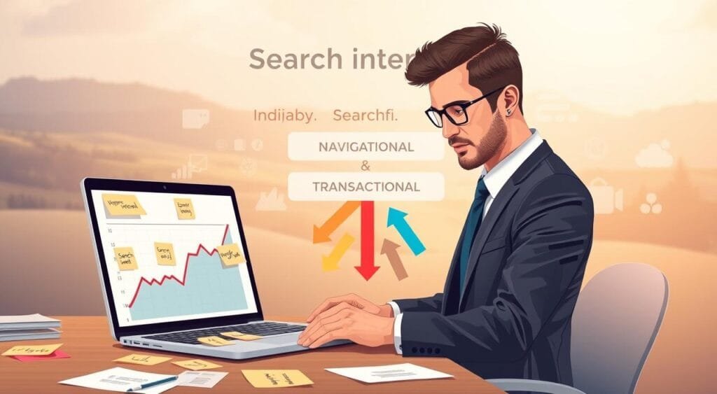A visually engaging illustration showing the concept of "Search Intent" in keyword research. In the foreground, depict a desk with a laptop displaying a graph with rising trends, surrounded by sticky notes with keywords and phrases. A professional-looking individual, dressed in smart business attire, is analyzing the screen, with a focused and thoughtful expression. In the middle, a clear representation of different search intent categories, such as informational, navigational, and transactional, visually separated by colorful arrows. In the background, a digital landscape with abstract icons representing search engines and user engagement, highlighted by soft, warm lighting to create an inviting atmosphere. The overall mood is focused and analytical, illustrating the crucial role of understanding search intent in effective keyword research. A visually engaging illustration showing the concept of "Search Intent" in keyword research. In the foreground, depict a desk with a laptop displaying a graph with rising trends, surrounded by sticky notes with keywords and phrases. A professional-looking individual, dressed in smart business attire, is analyzing the screen, with a focused and thoughtful expression. In the middle, a clear representation of different search intent categories, such as informational, navigational, and transactional, visually separated by colorful arrows. In the background, a digital landscape with abstract icons representing search engines and user engagement, highlighted by soft, warm lighting to create an inviting atmosphere. The overall mood is focused and analytical, illustrating the crucial role of understanding search intent in effective keyword research.