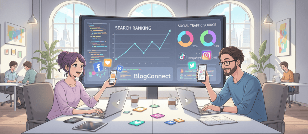 A visually engaging scene illustrating social media's impact on search engine optimization for bloggers. In the foreground, a diverse group of three professionals—one woman and two men—are actively discussing strategies around a modern table cluttered with laptops, smartphones, and colorful social media icons. The middle ground features a large digital screen displaying analytics and graphs related to SEO performance. In the background, a bright office setting with greenery and contemporary art conveys a collaborative atmosphere. Soft, natural lighting filters through large windows, creating an inviting and productive mood. The angle is slightly elevated, capturing both the group and the dynamic visual elements.