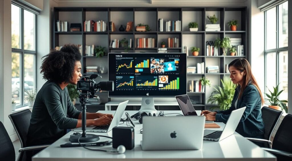 A visually engaging workspace centered on video SEO for e-commerce. In the foreground, a diverse group of three professionals—one Black woman, one Hispanic man, and one Asian woman—collaborate around a modern table laden with laptops and video equipment. The middle layer features a large monitor displaying vibrant graphs and video thumbnails, showcasing metrics pertinent to video marketing performance. In the background, a sleek bookshelf filled with marketing books and plants creates a professional ambiance. Soft, natural lighting filters through large windows, creating a warm and inviting atmosphere. The image should be captured from a slightly elevated angle to provide depth, highlighting the teamwork and innovative spirit of e-commerce video distribution.