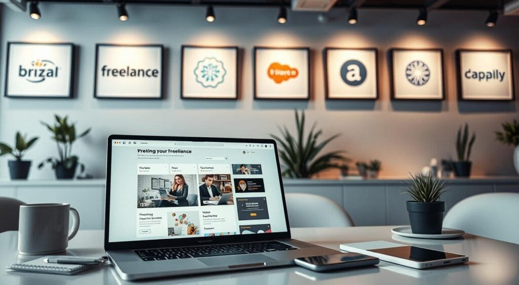 A visually engaging workspace showcasing popular freelance platforms for setting up a professional profile. In the foreground, a clean desk with a laptop open displaying a user-friendly freelance website interface. Surrounding the laptop, essential freelance tools like a notepad, a pen, and a smartphone. In the middle ground, softly focused elements like a coffee mug and plants add a touch of warmth. The background features a sleek wall with framed logos of well-known freelance platforms, subtly illuminated by soft, ambient lighting. The atmosphere is inspiring and productive, evoking a sense of success and motivation. The composition is shot from a slightly angled overhead perspective, akin to a modern business setting, emphasizing professionalism and creativity.
