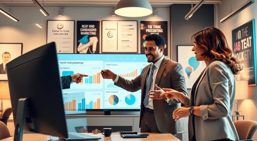 A visually striking office environment representing retargeting campaign optimization. In the foreground, a diverse group of three professionals in business attire (a Black woman, a Hispanic man, and a Caucasian woman) are engaged in an animated discussion, pointing at a computer screen displaying A/B testing metrics. In the middle ground, a large digital display shows graphs and infographics illustrating audience engagement and conversion rates. The background features sleek office decor with motivational posters related to marketing strategies. Soft, warm lighting creates an inviting and productive atmosphere, while a wide-angle perspective captures the dynamic interplay of ideas and technology. The scene encapsulates collaboration and innovation in digital marketing.