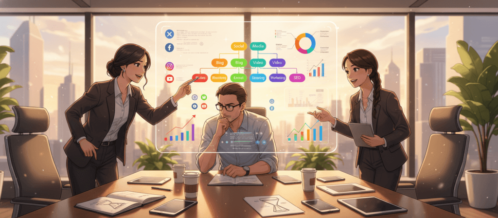 A visually striking office space, showcasing a diverse team of three professionals in business attire, engaged in a brainstorming session around a large digital screen displaying a colorful, intricate digital content strategy flowchart. In the foreground, a sleek wooden table filled with notes and digital devices. In the middle, the vibrant screen serves as a focal point, surrounded by strategic visuals like social media icons and graphs indicating content distribution channels. In the background, large windows allow natural light to flood the room, enhancing the collaborative atmosphere. The mood is dynamic and focused, reflecting innovation and teamwork, with soft shadows and a warm color palette, suggesting a productive workspace.