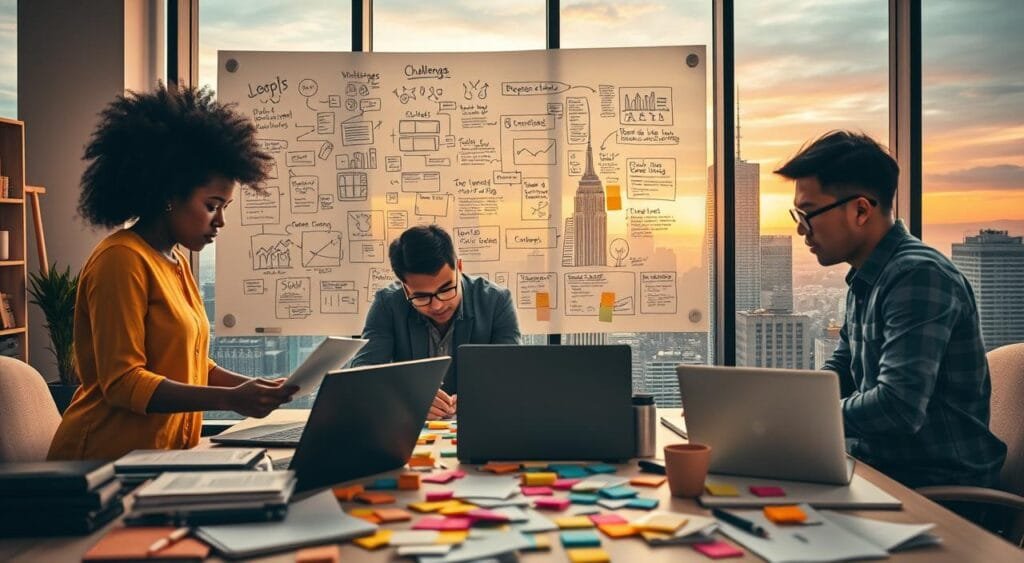 A visually striking representation of the challenges in content creation set in a modern office environment. In the foreground, a diverse group of three content creators - one woman of African descent and two men, one of Caucasian descent and one of Asian descent - are brainstorming ideas around a cluttered table with laptops, notebooks, and colorful sticky notes. The middle ground features a large whiteboard filled with sketches and sticky notes representing complex ideas and challenges. In the background, a large window reveals a bustling cityscape, filled with skyscrapers and a sunset sky. Use warm, natural lighting to create an inviting atmosphere, emphasizing camaraderie and creativity amidst the stresses of content creation. The mood should be focused yet dynamic, perfectly capturing the essence of navigating challenges in the content creation landscape.